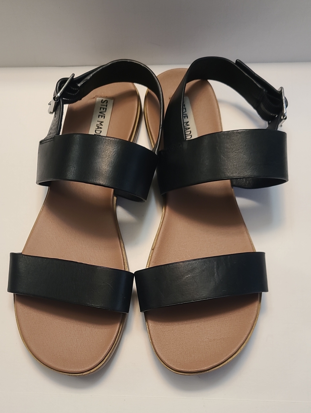 Steve Madden Women's Comfy Leather Double Strap Black/Tan Sandals Sz 10 M